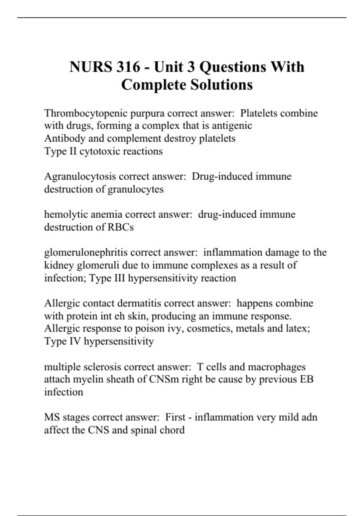 NURS 316 - Unit 3 Questions With Complete Solutions - NURS 316 - Stuvia US