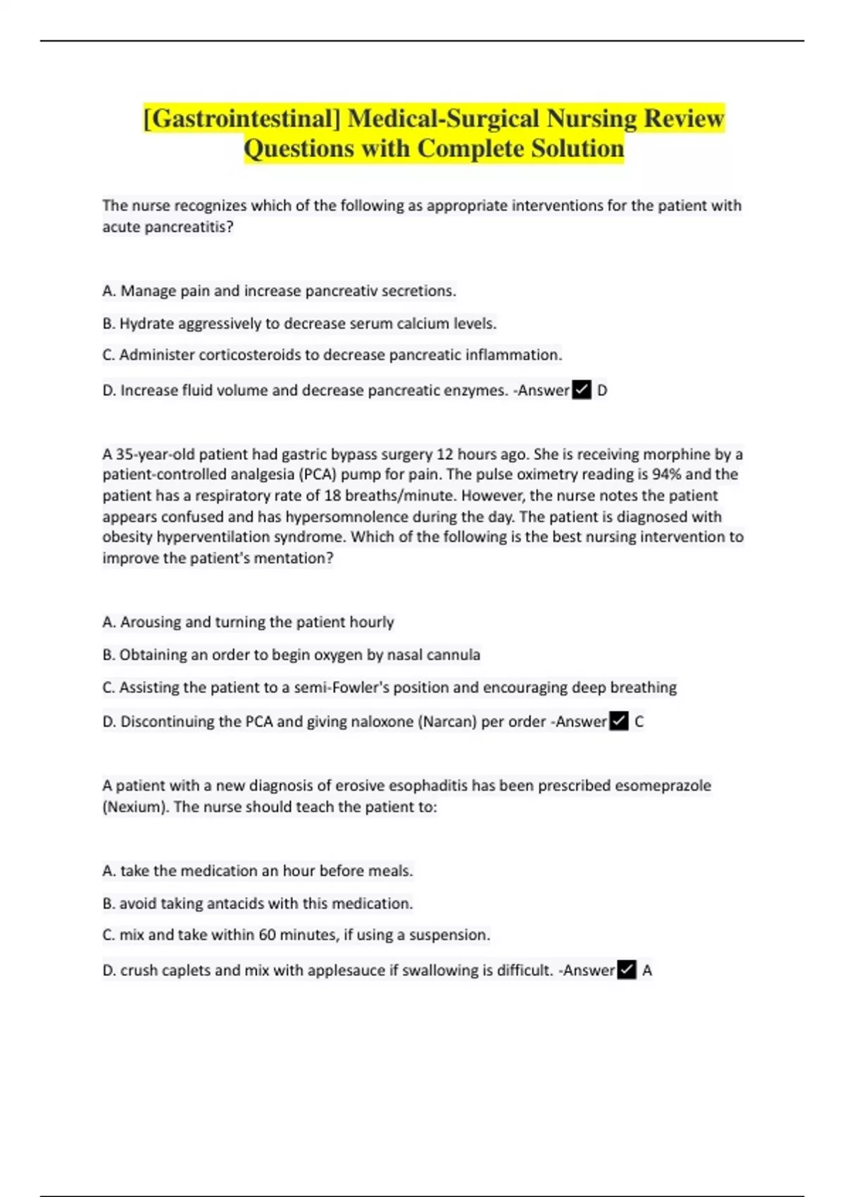 [Gastrointestinal] MedicalSurgical Nursing Review Questions with