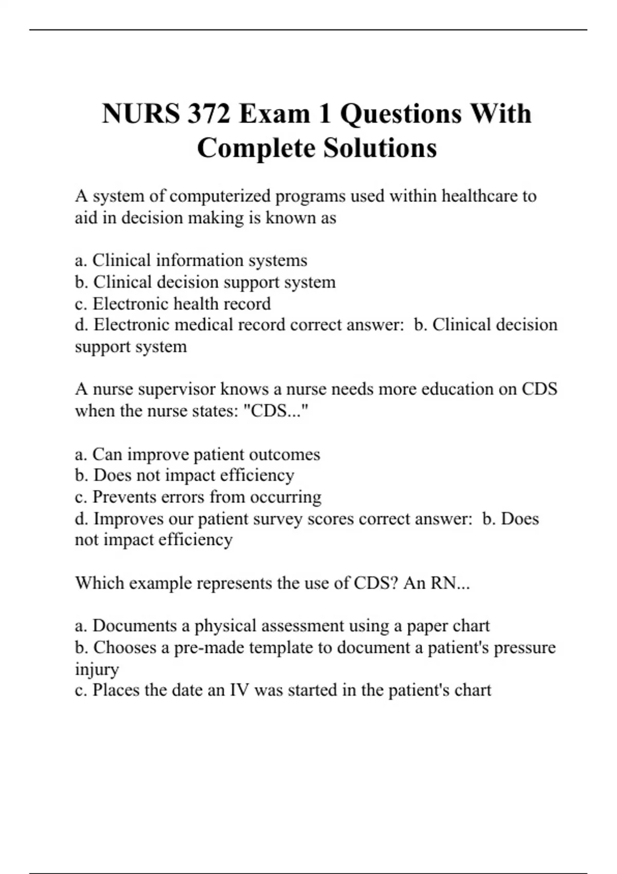 NURS 372 Exam 1 Questions With Complete Solution - NURS 372 - Stuvia US