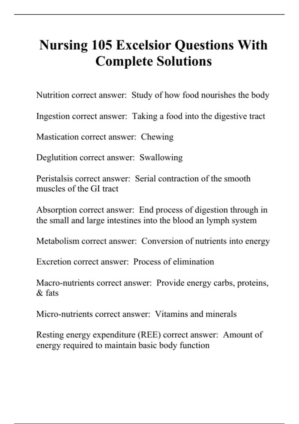 Nursing 105 Excelsior Questions With Complete Solutions Nursing 105