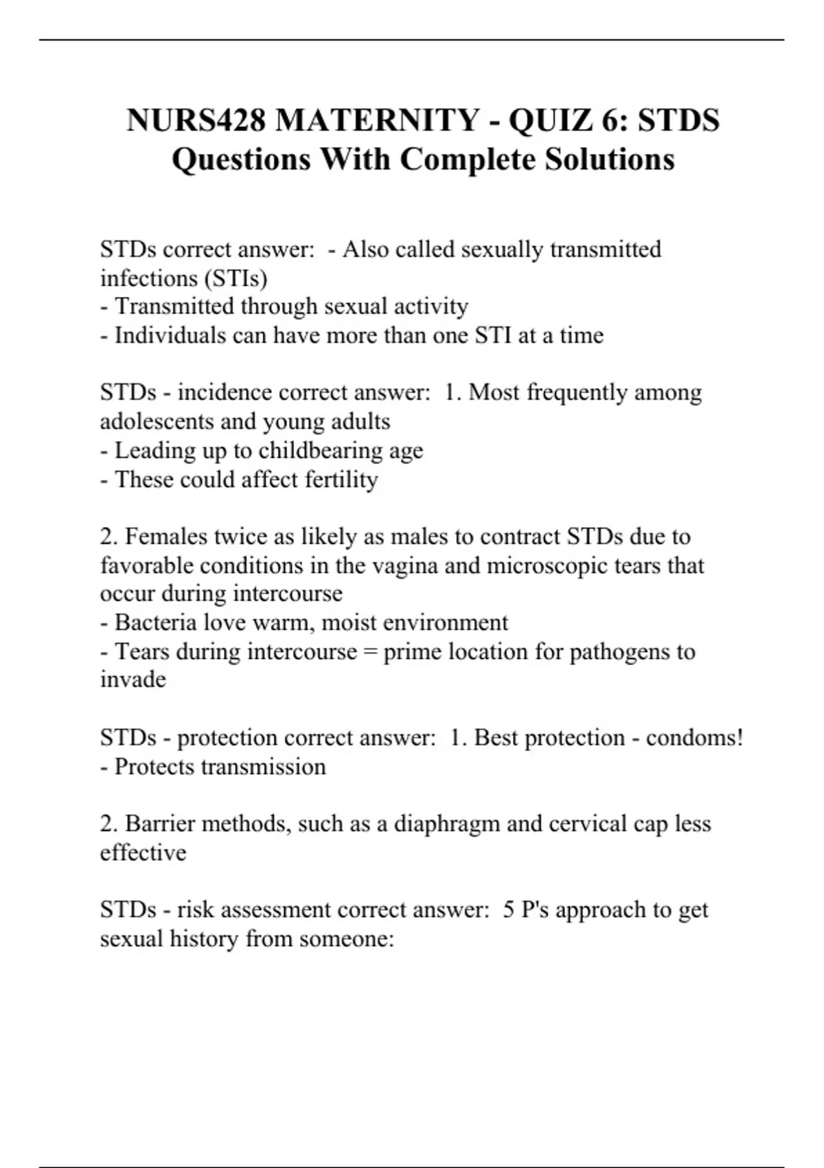 NURS428 MATERNITY QUIZ 6 STDS Questions With Complete Solutions