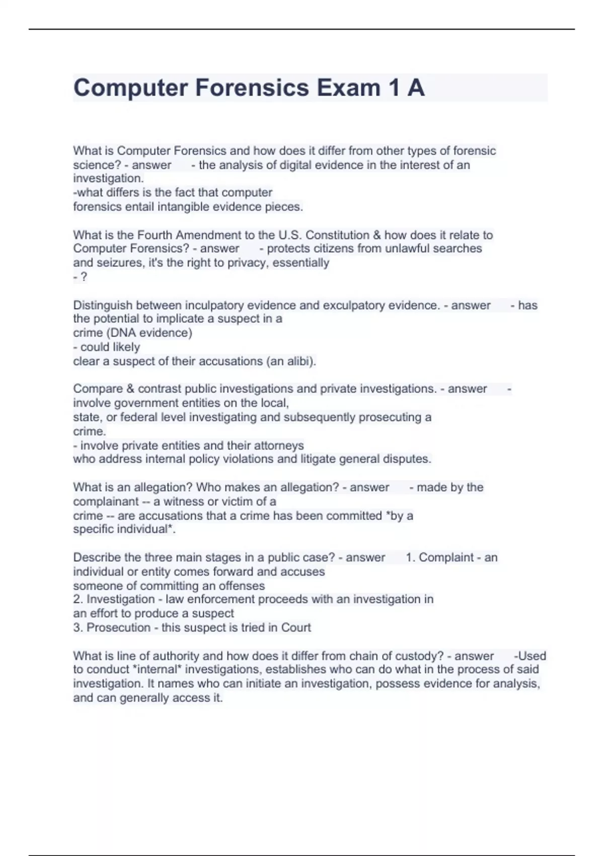 Computer Forensics Exam 1 A Questions with correct Answers - Computer ...