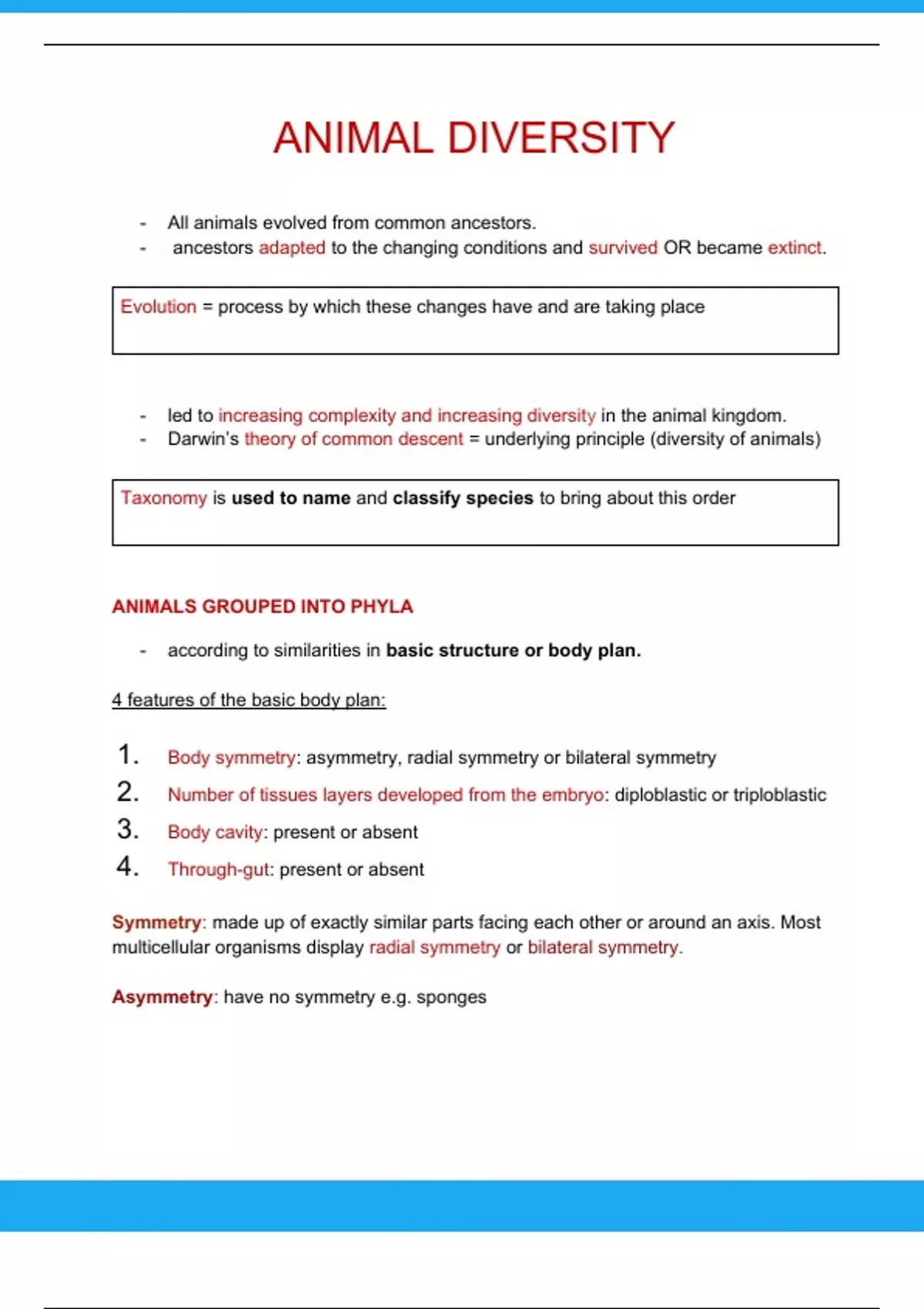 grade 11 notes on Animal diversity - Life Sciences - Stuvia SA