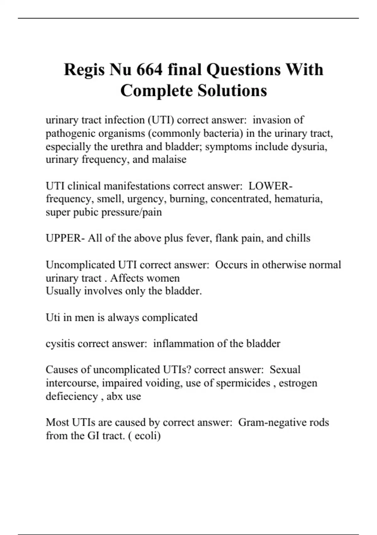 Regis Nu 664 final Questions With Complete Solutions - Nu 664 - Stuvia US
