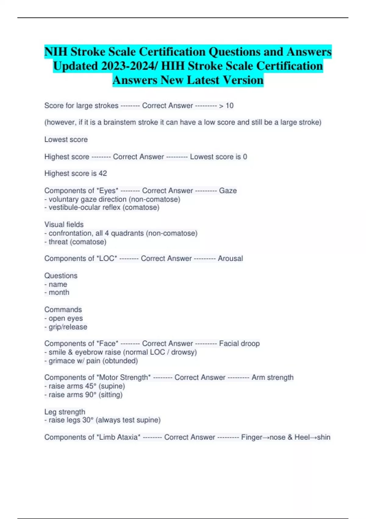 NIH Stroke Scale Certification Questions and Answers Updated / HIH