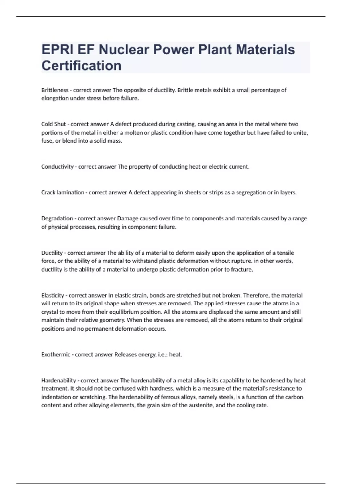 EPRI EF Nuclear Power Plant Materials Certification fully solved 2023