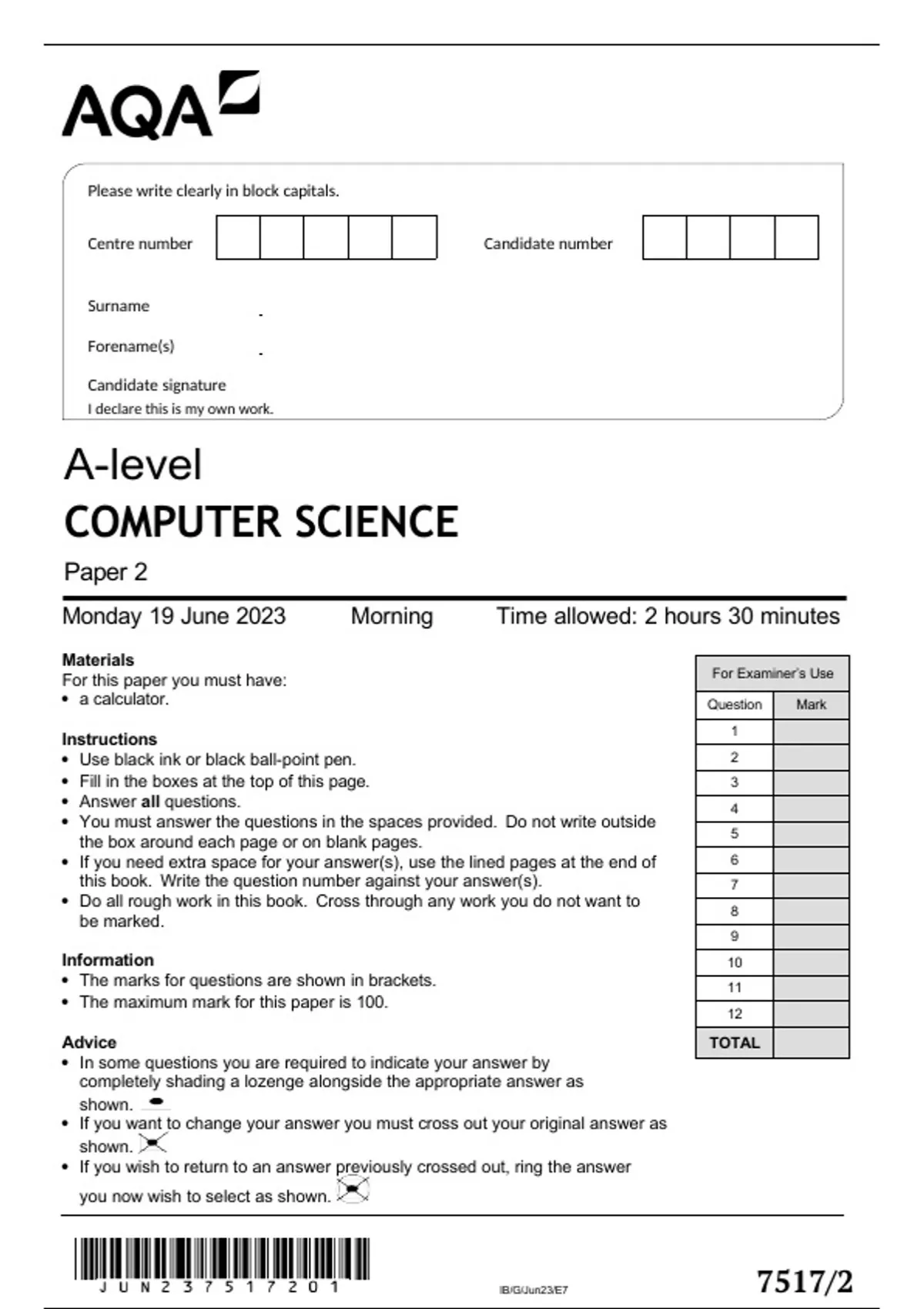 AQA Alevel COMPUTER SCIENCE Paper 2 June 2023️️★★★★★ AQA Stuvia US
