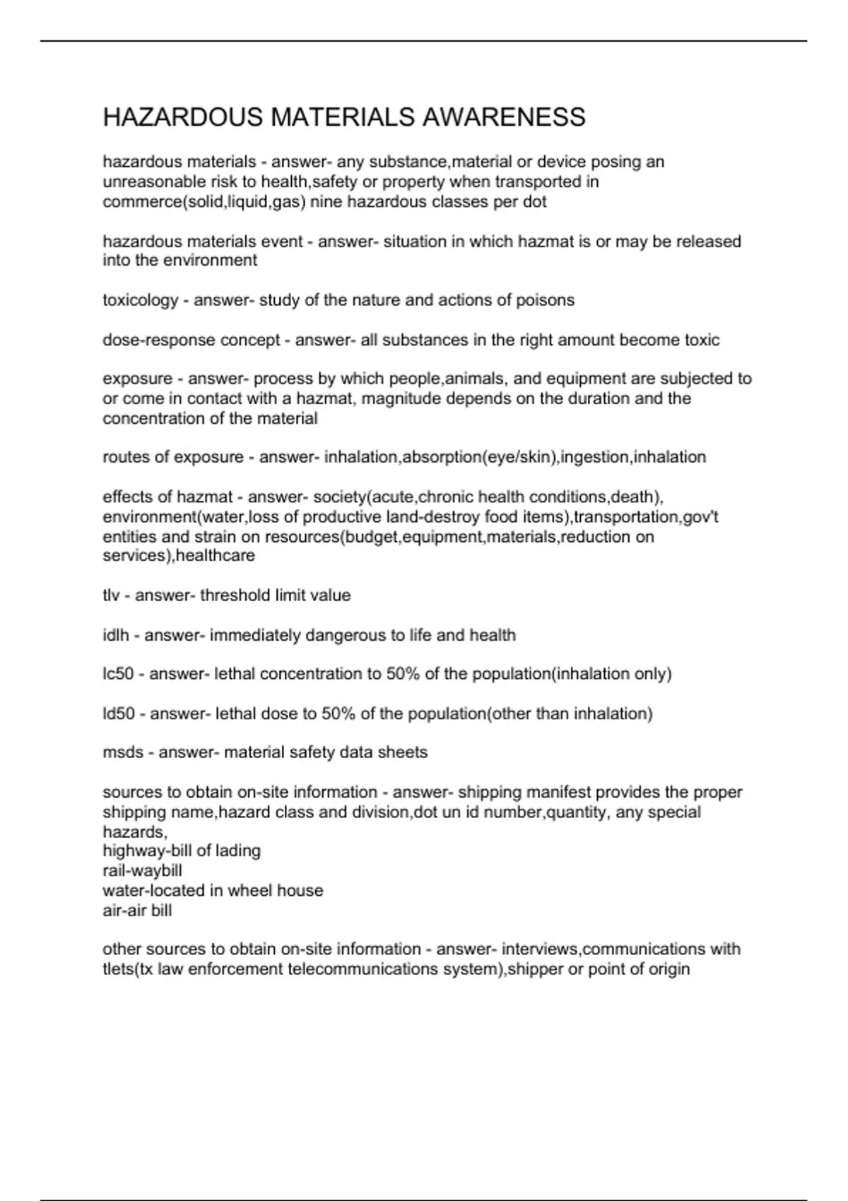 HAZARDOUS MATERIALS AWARENESS - HAZARDOUS MATERIALS AWARENESS - Stuvia US