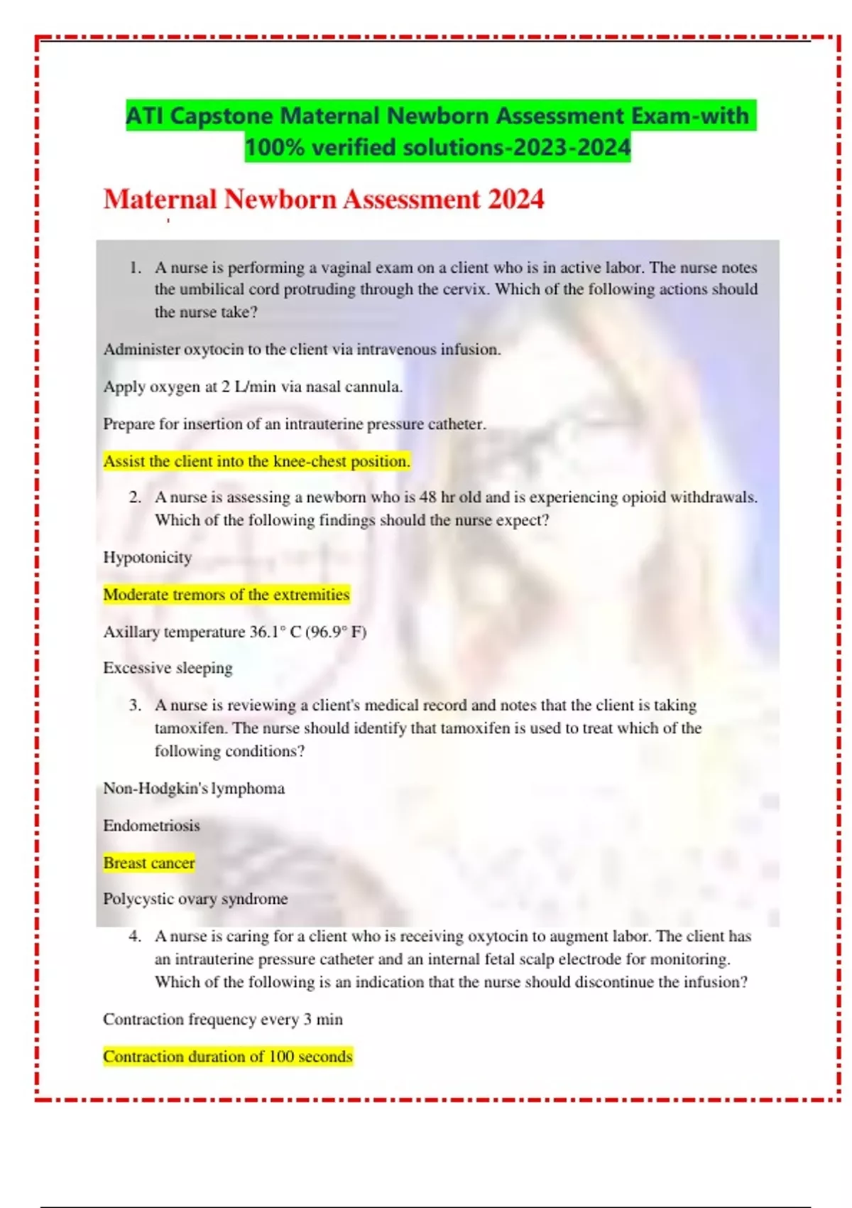 ATI Capstone Maternal Newborn Assessment Exam-with 100% verified solutions- - ATI Capstone ...