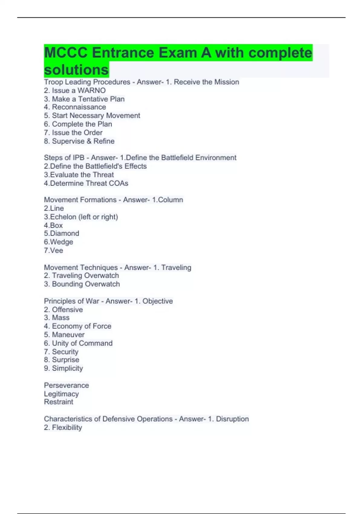 MCCC Entrance Exam A with complete solutions MCCC Stuvia US