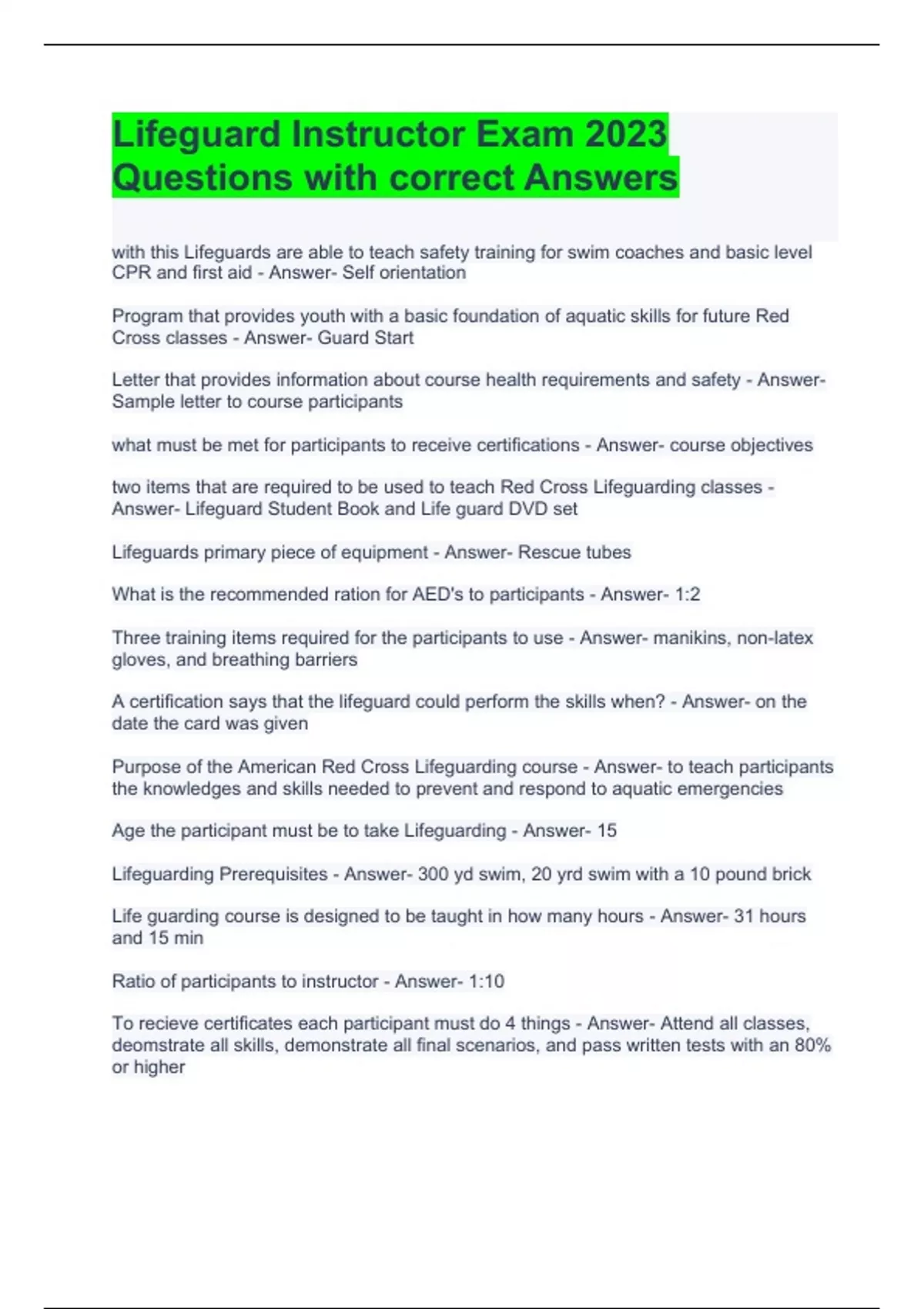 Lifeguard Instructor Exam 2023 Questions with correct Answers