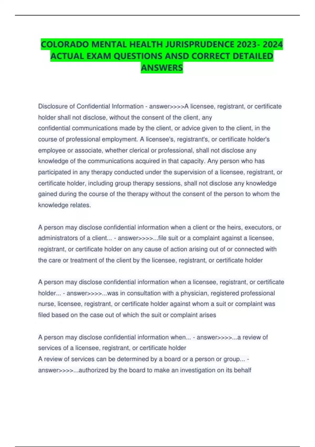 COLORADO MENTAL HEALTH JURISPRUDENCE ACTUAL EXAM QUESTIONS ANSD CORRECT