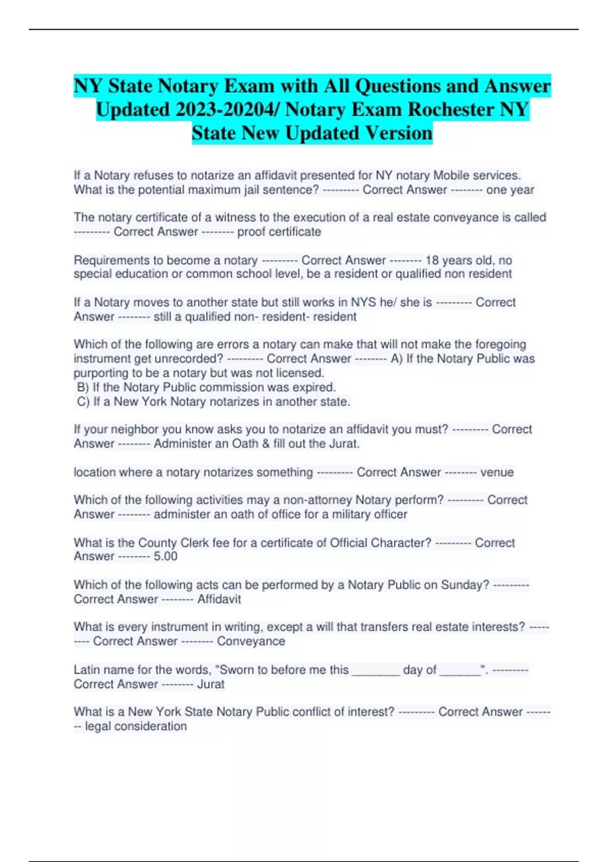 NY State Notary Exam with All Questions and Answer Updated / Notary