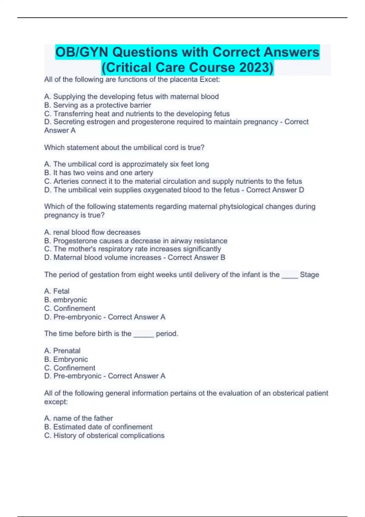 OB/GYN Questions with Correct Answers (Critical Care Course 2023) - OB ...