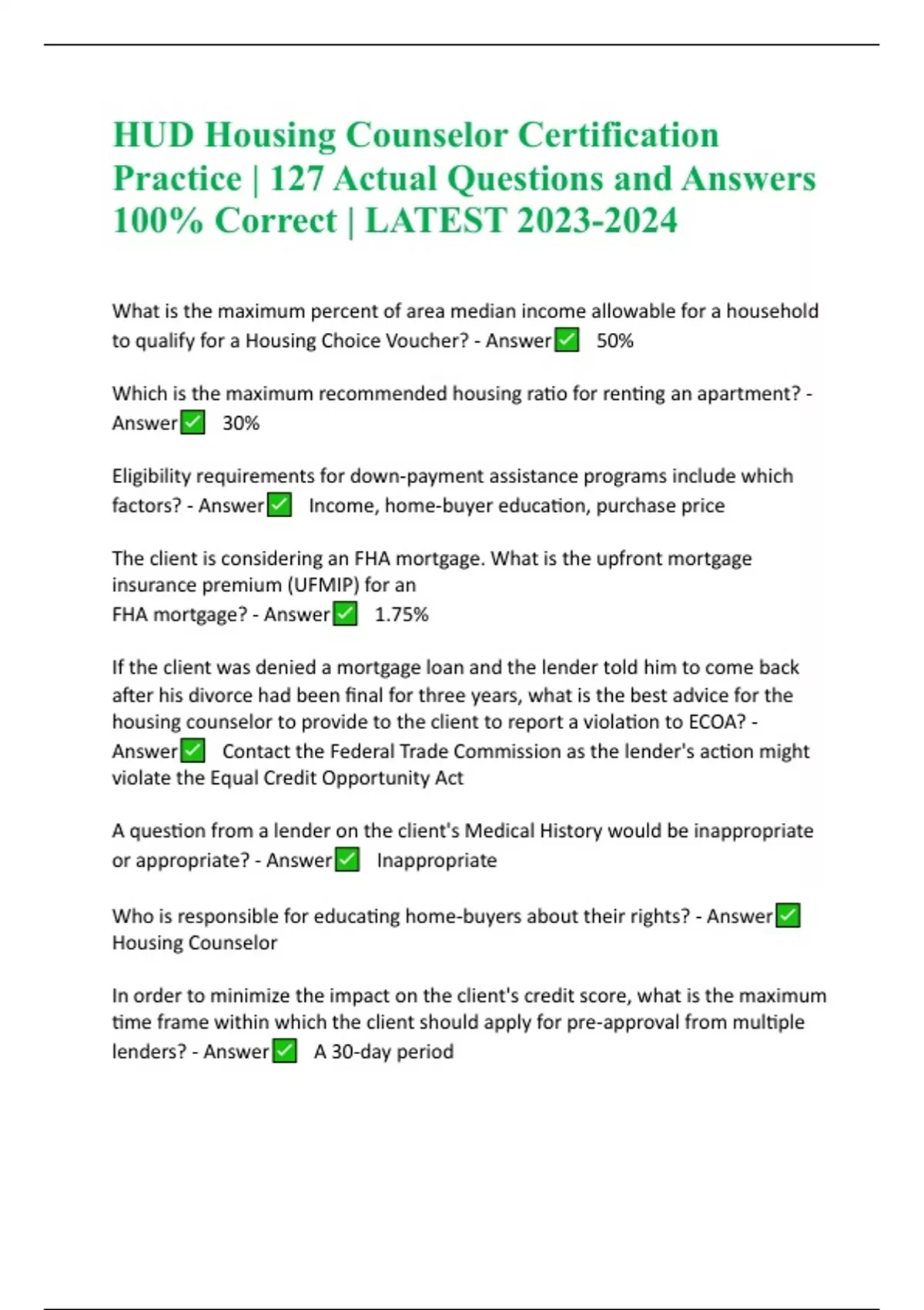 HUD Housing Counselor Certification Practice 127 Actual Questions and