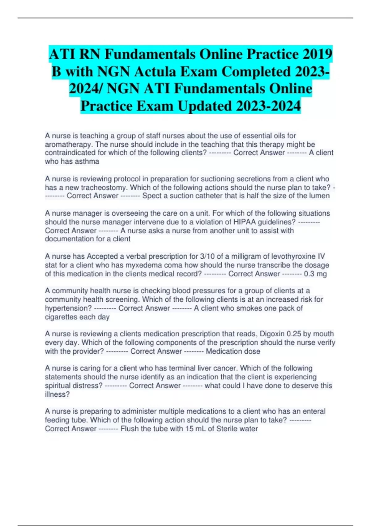 ATI RN Fundamentals Online Practice 2019 B with NGN Actula Exam
