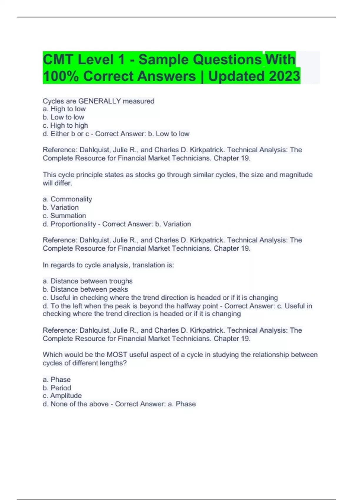 CMT Level 1 Sample Questions With 100 Correct Answers Updated 2023