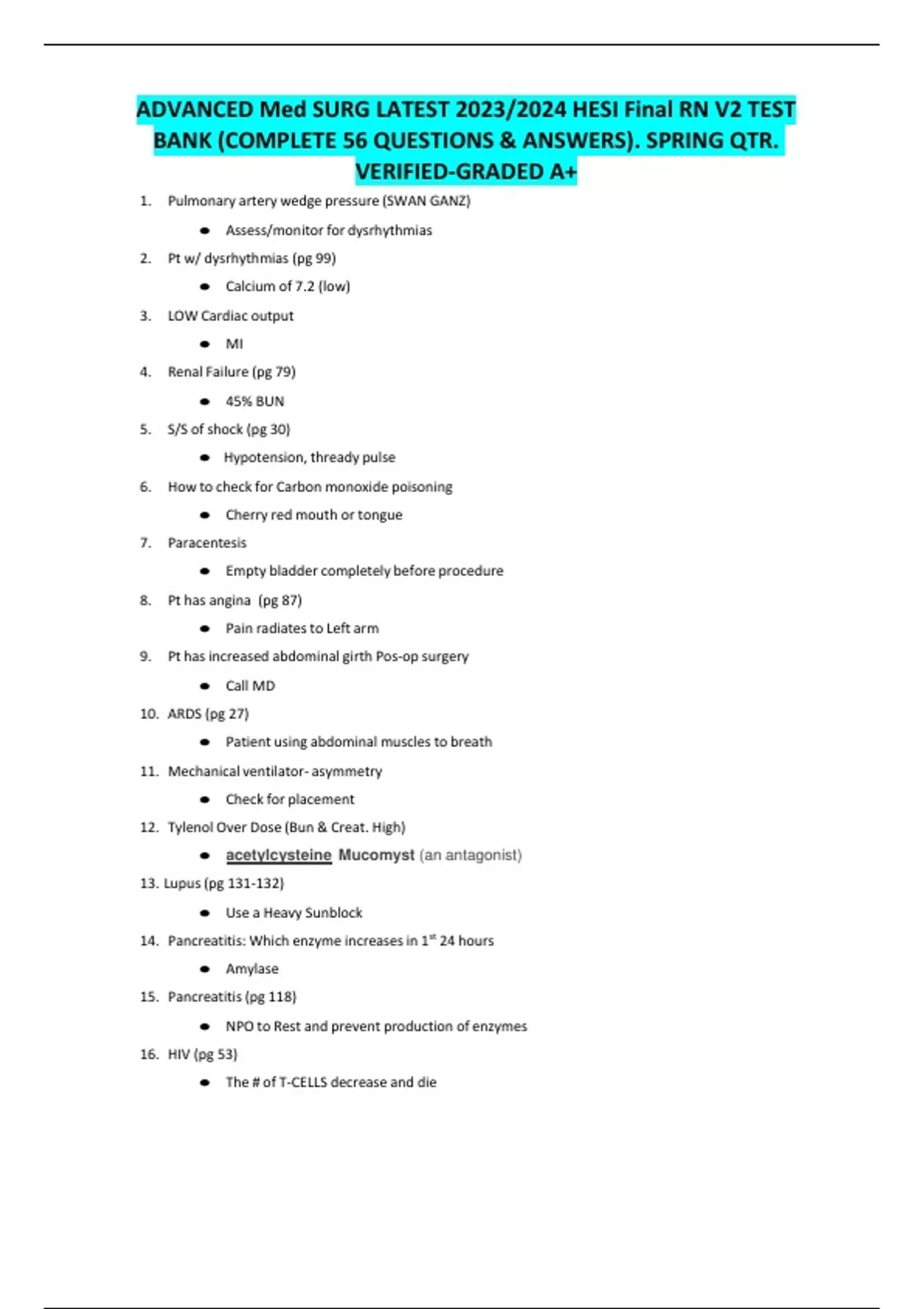 ADVANCED Med SURG LATEST 2023/2024 HESI Final RN V2 TEST BANK (COMPLETE ...