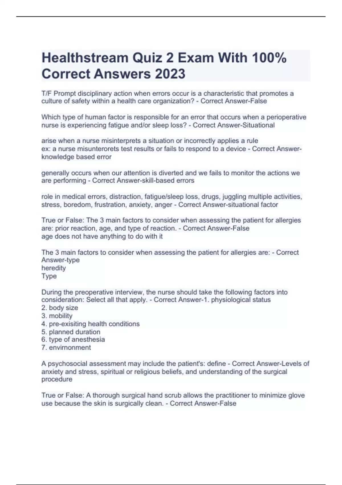 Healthstream Quiz 2 Exam With 100% Correct Answers 2023 - Healthstream ...