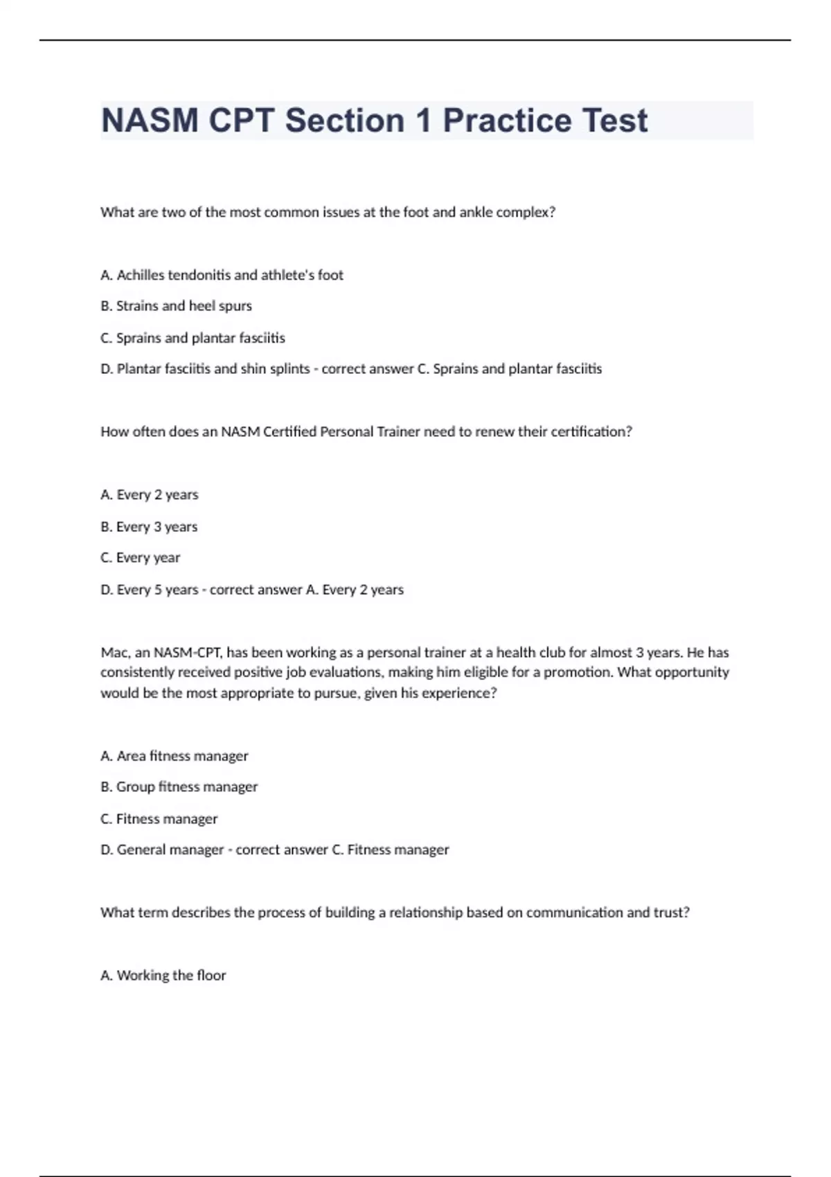 NASM CPT Section 1 Practice Test fully solved graded A+ 2023 - Nasm ...