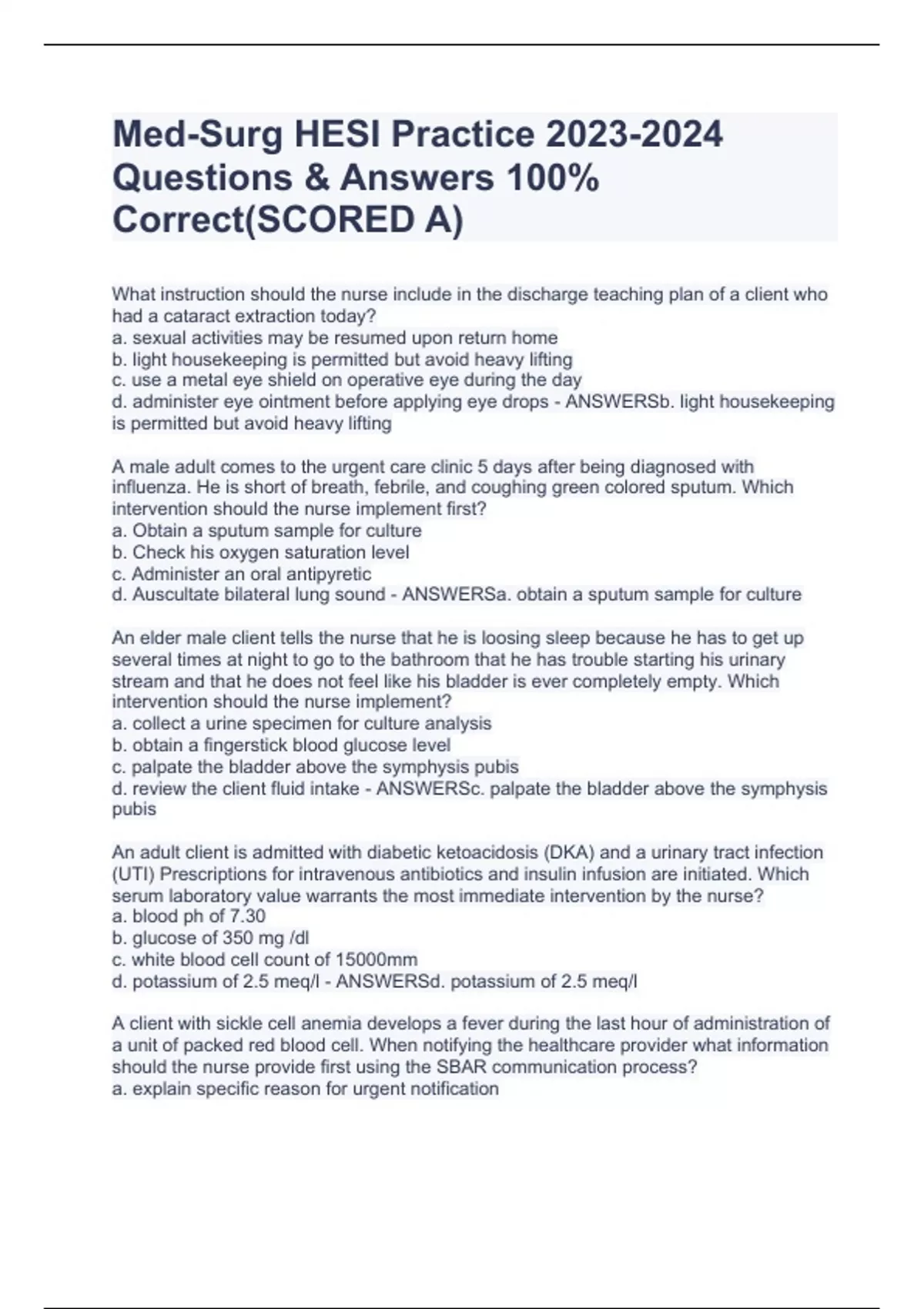 MedSurg HESI Practice Questions & Answers 100 Correct(SCORED A) Med