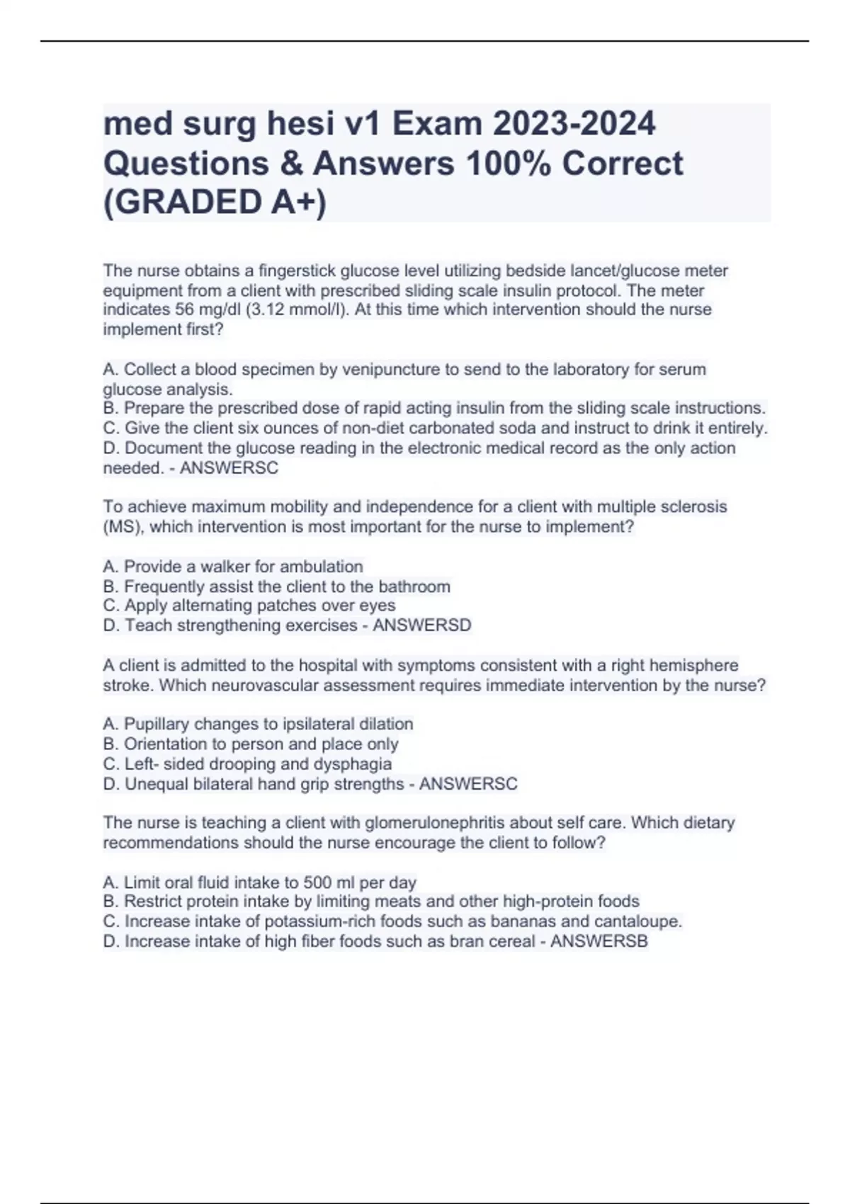 med surg hesi v1 Exam Questions & Answers 100% Correct (GRADED A+ ...