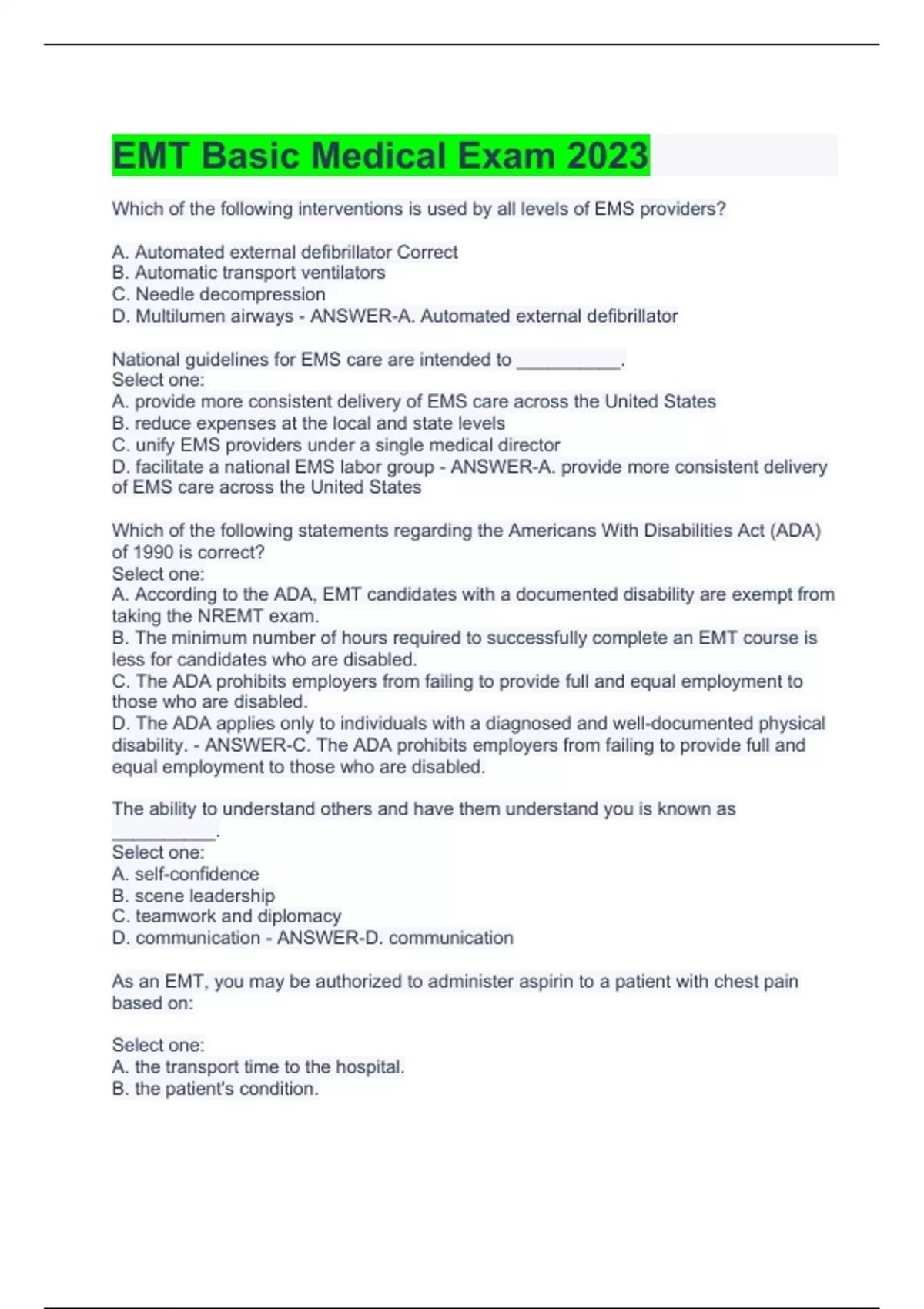 EMT Basic Medical Exam 2023 EMT Basic Medical Stuvia US