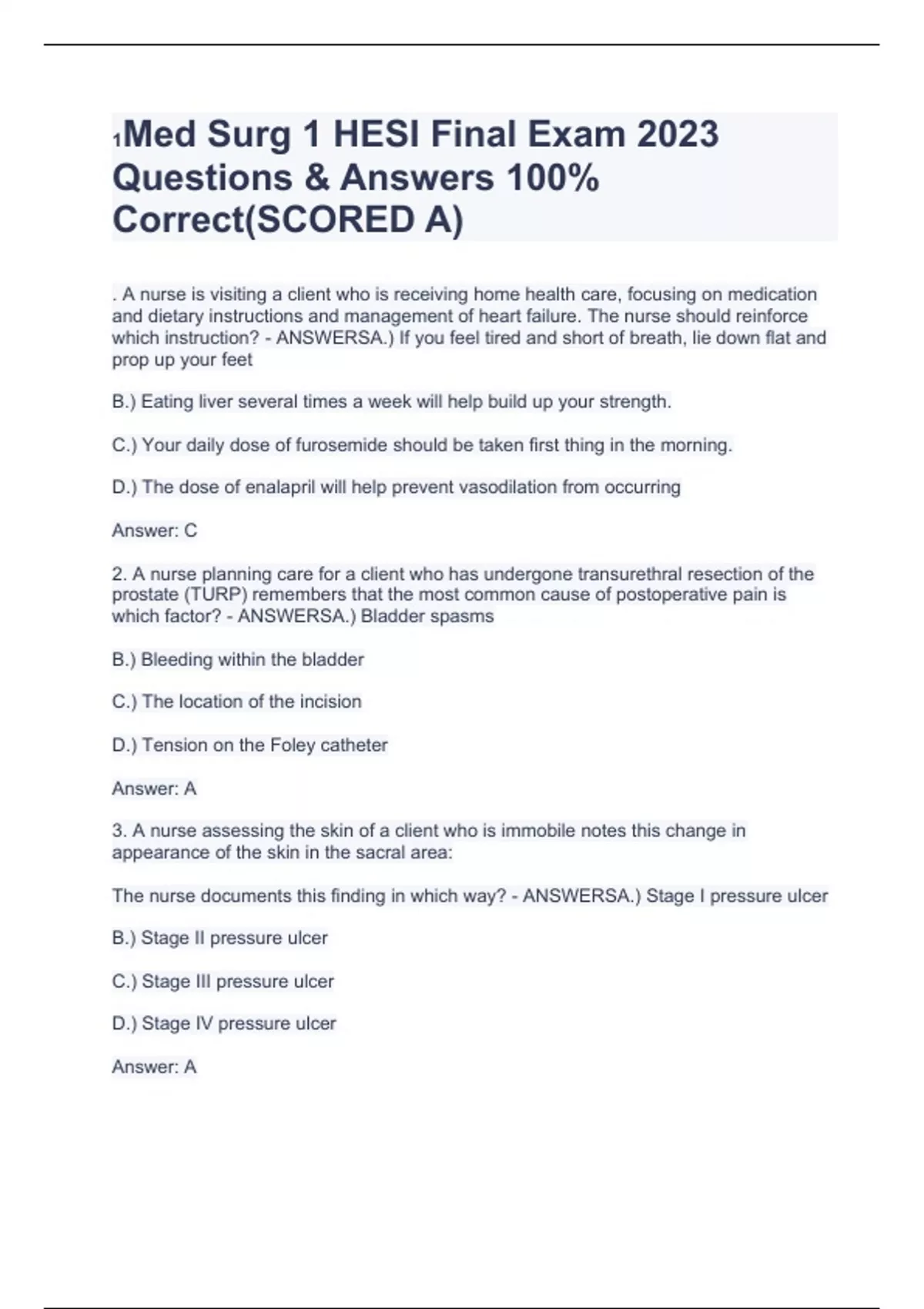 1Med Surg 1 HESI Final Exam 2023 Questions & Answers 100% Correct ...