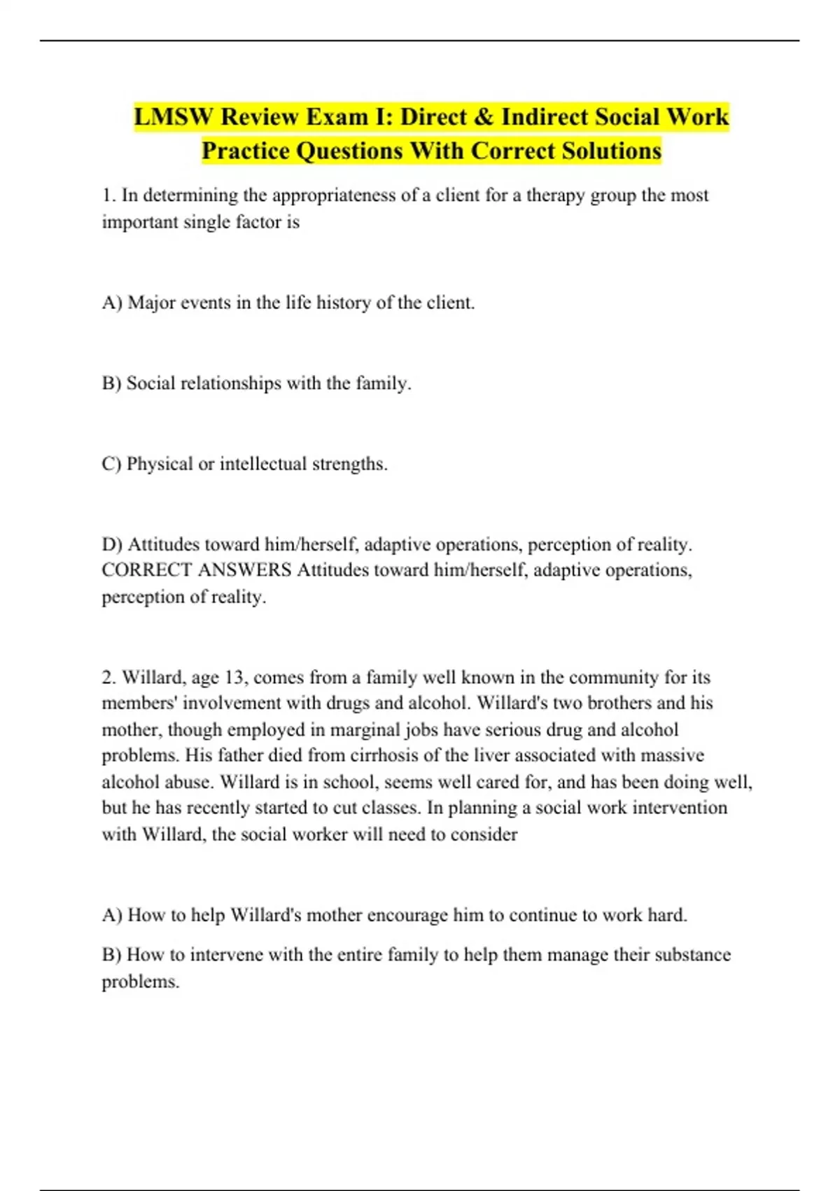 LMSW Review Exam I: Direct & Indirect Social Work Practice Questions ...