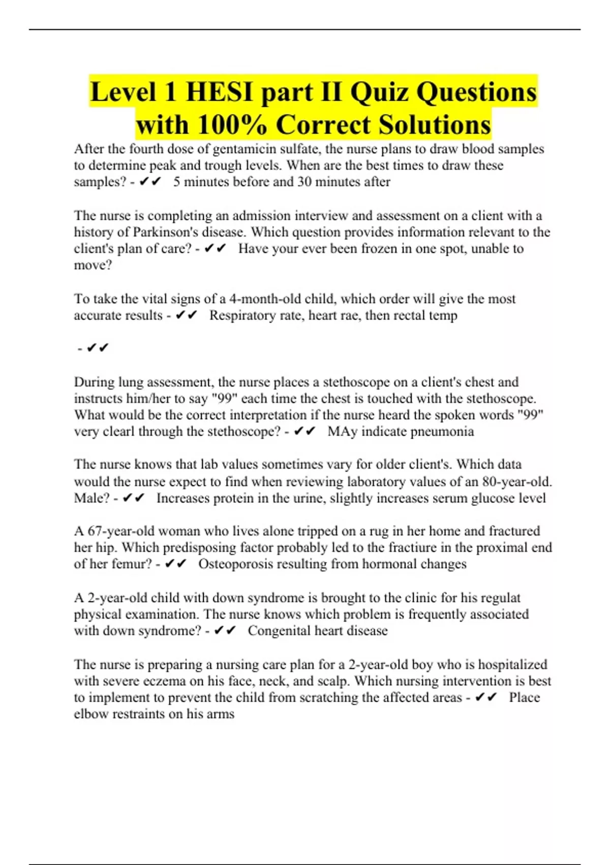 Level 1 HESI part II Quiz Questions with 100% Correct Solutions - Level ...