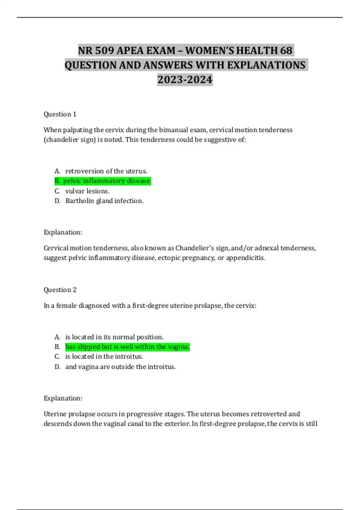NR 509 APEA EXAM WOMEN’S HEALTH 68 QUESTION AND ANSWERS WITH
