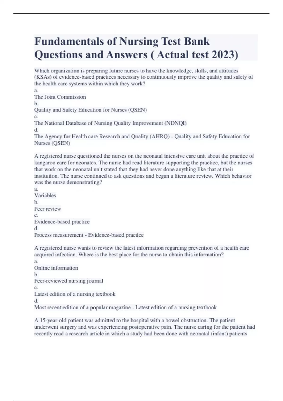Fundamentals of Nursing Test Bank Questions and Answers ( Actual test ...