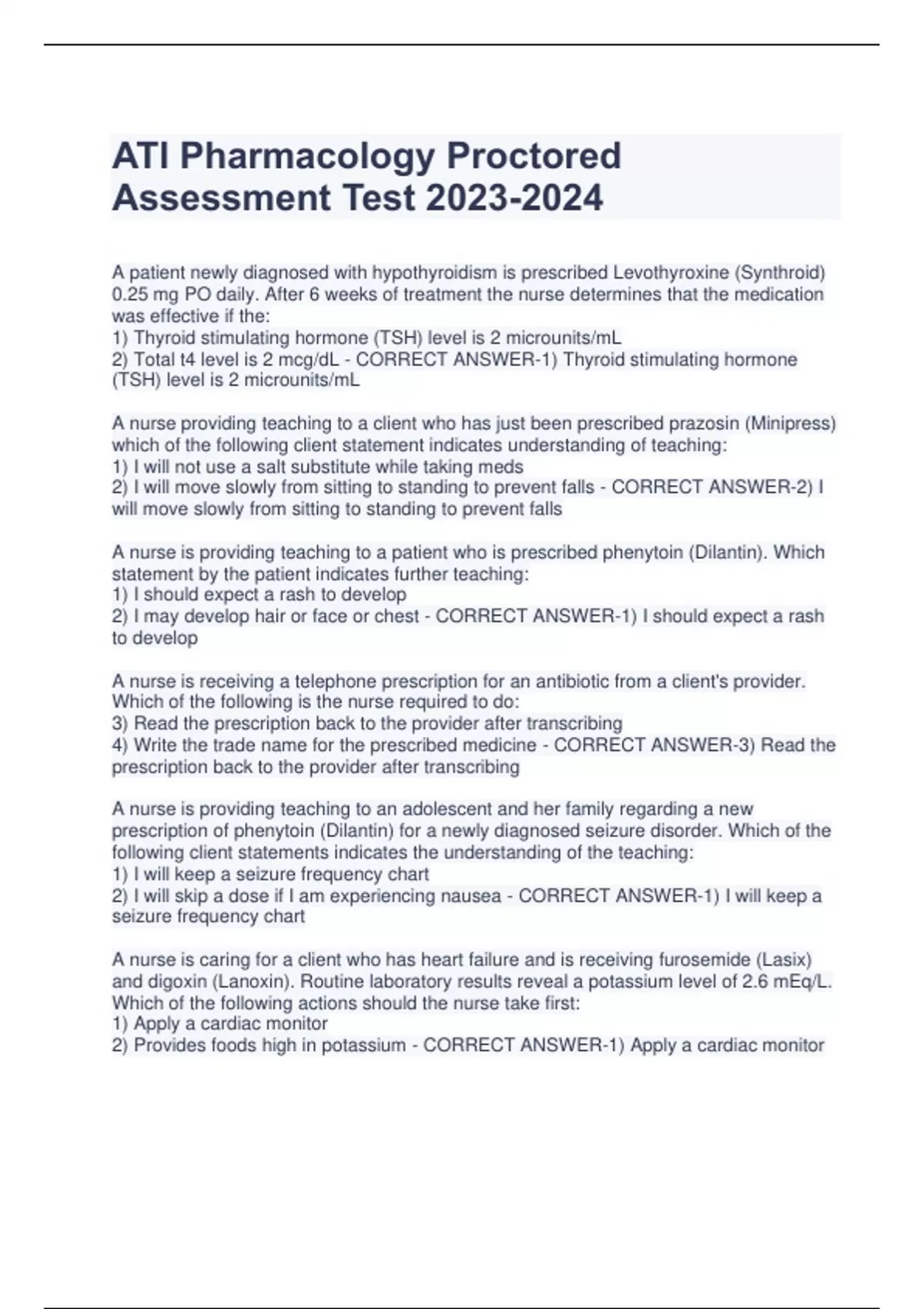 ATI Pharmacology Proctored Assessment Test - ATI Pharmac - Stuvia US