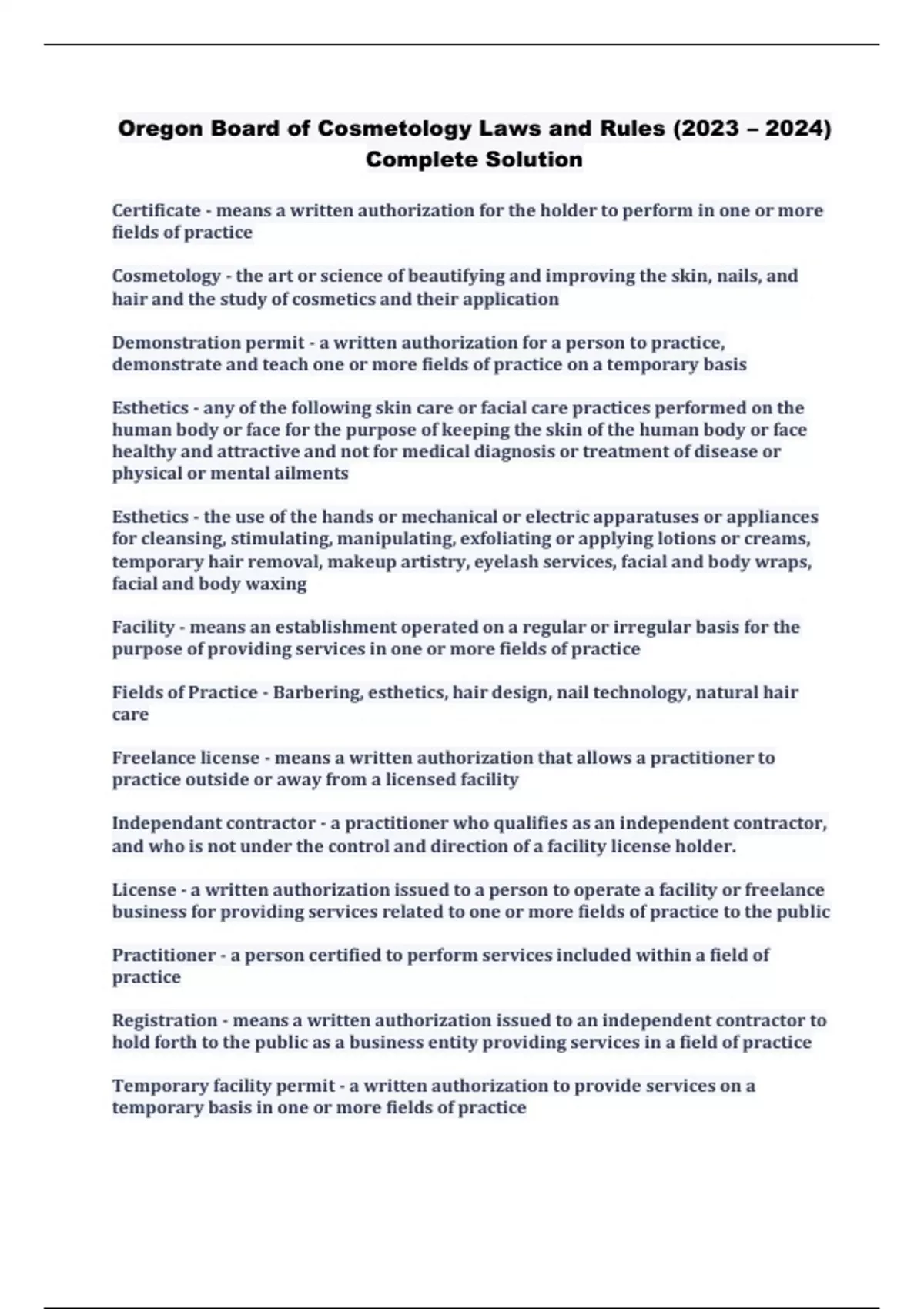 Oregon Board of Cosmetology Laws and Rules (2023 2024) Complete