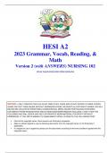 HESI A2 2023 Grammar, Vocab, Reading, & Math Version 2 (with ANSWERS) NURSING 102