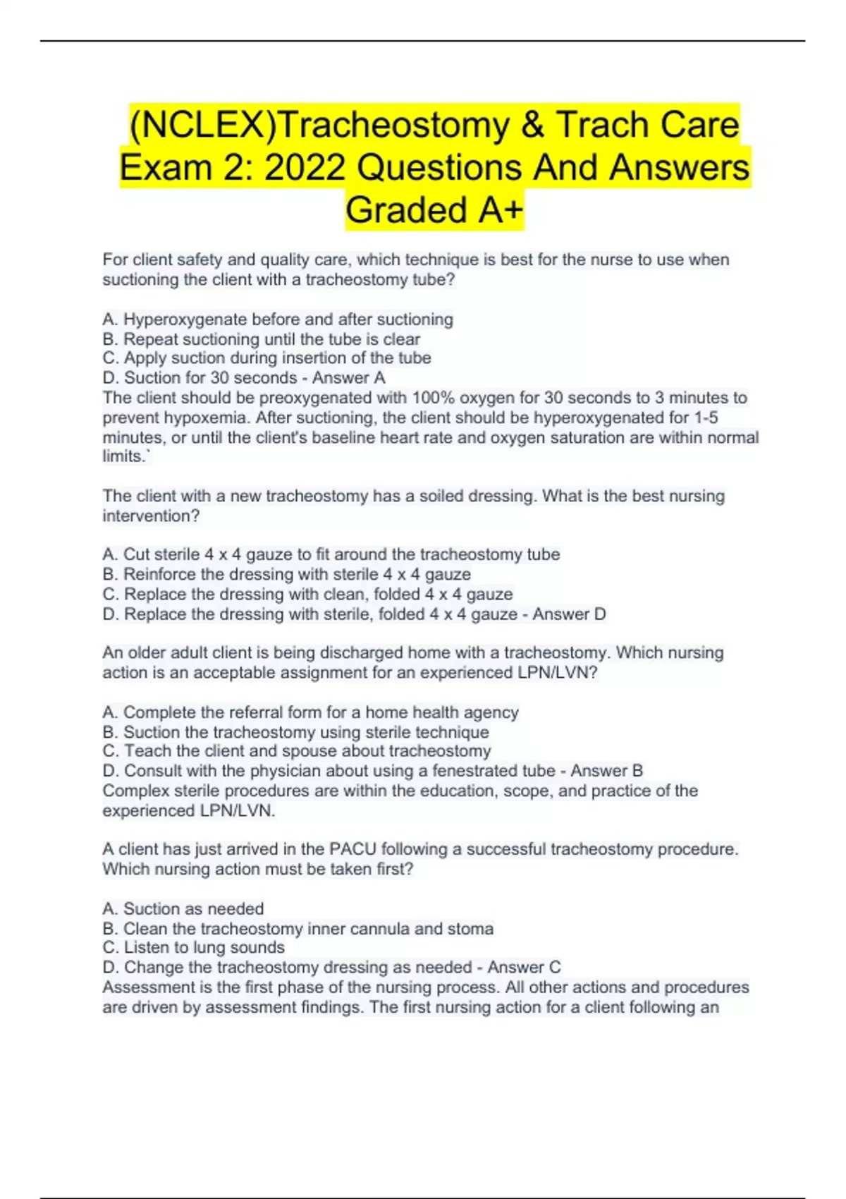 (NCLEX)Tracheostomy & Trach Care Exam 2 2022 Questions And Answers