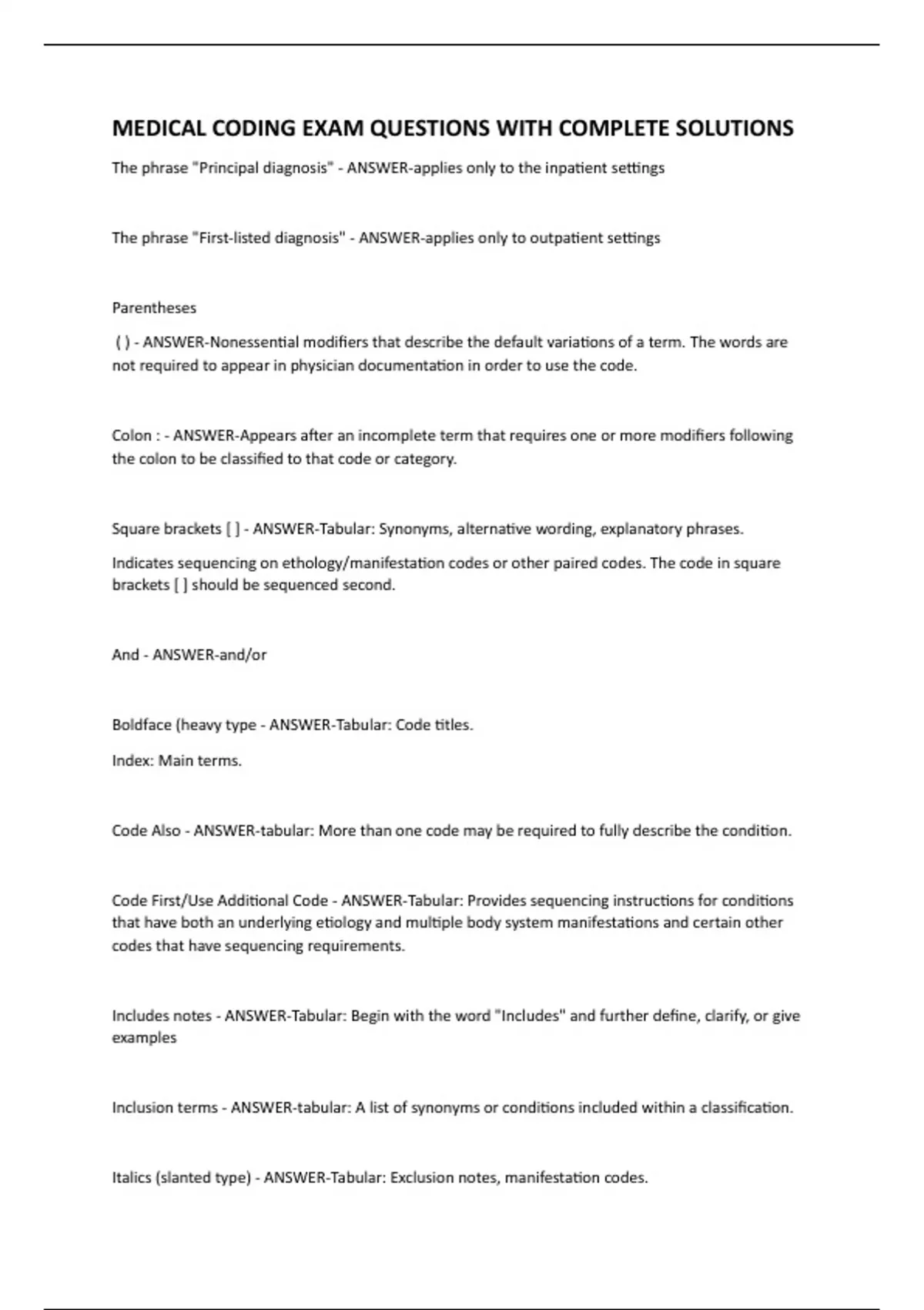 MEDICAL CODING AND BILLING BUNDLE QUESTIONS WITH COMPLETE SOLUTIONS