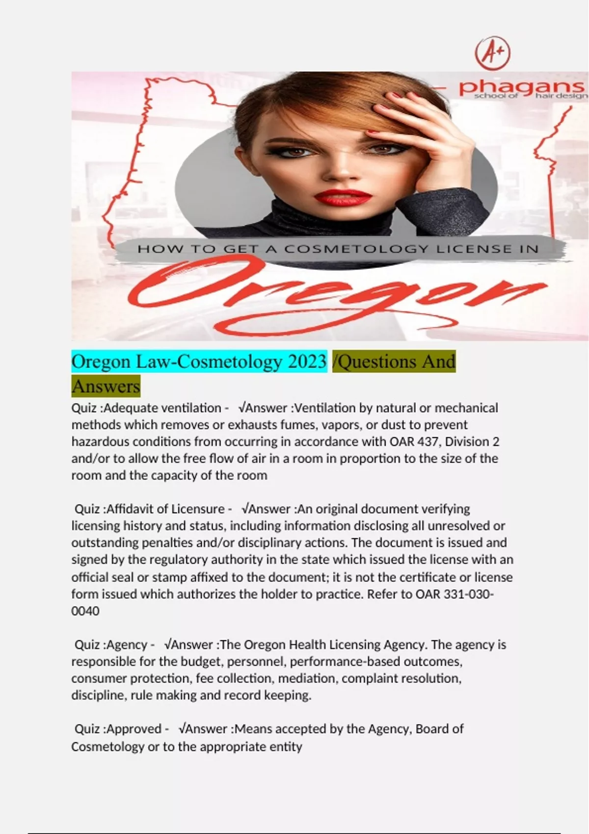 Oregon LawCosmetology 2023 /Questions And Answers Oregon Law