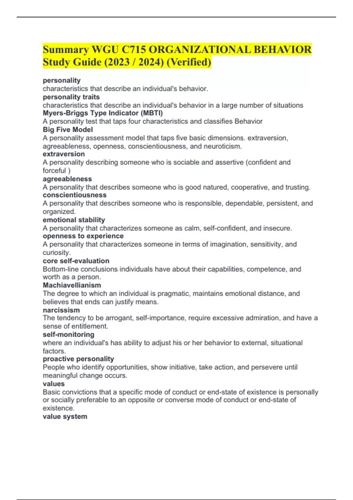 Summary WGU C715 ORGANIZATIONAL BEHAVIOR Study Guide (2023 / 2024 ...