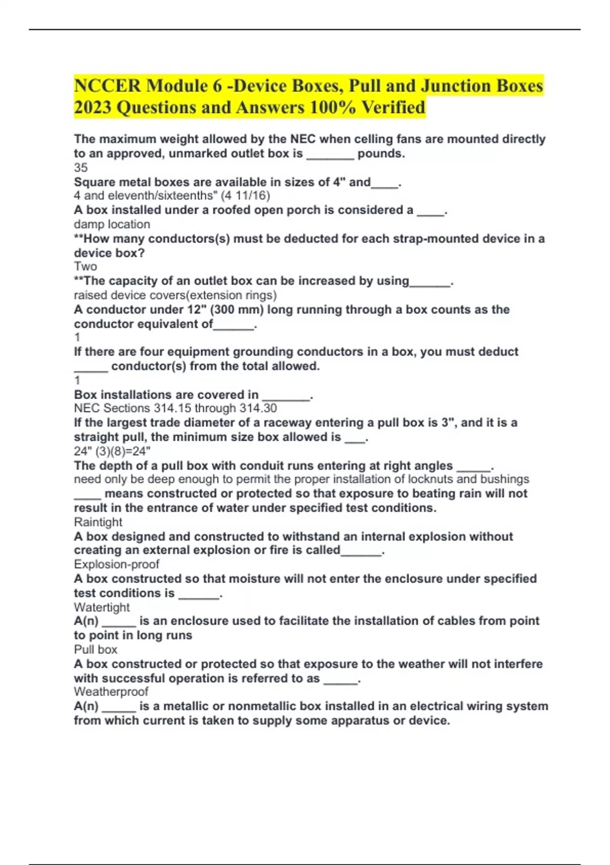NCCER Module 6 Device Boxes, Pull and Junction Boxes 2023 Questions
