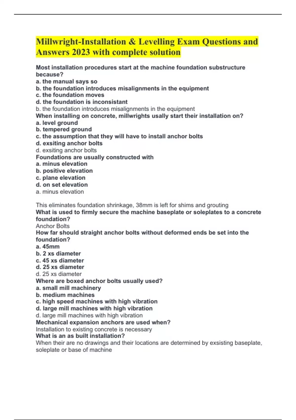 MillwrightInstallation & Levelling Exam Questions and Answers 2023