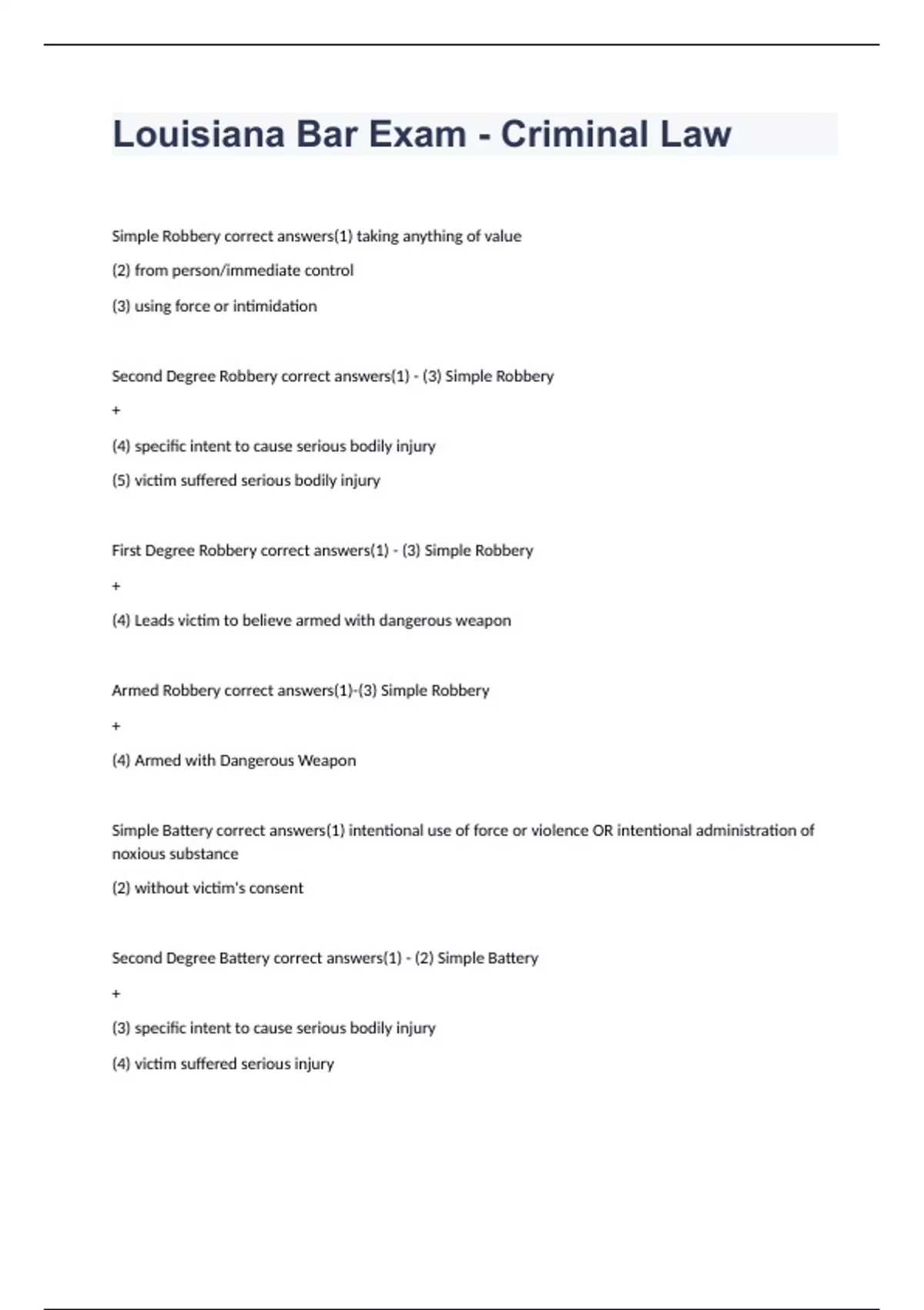 Louisiana Bar Exam - Criminal Law 2023 with correct answers - Louisiana Bar - Criminal Law ...