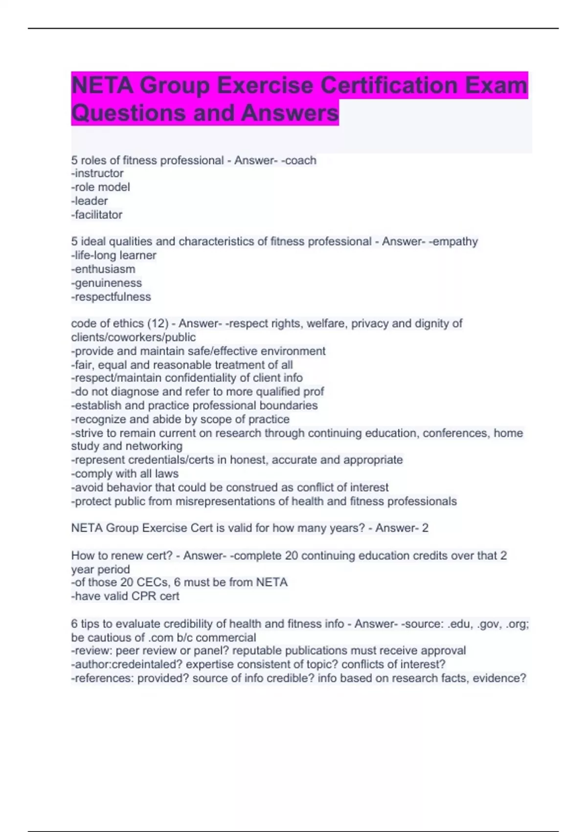 Neta Level 2 NETA Group Exercise Certification Exam Questions and Answers - NETA ...