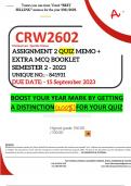 CRW2602 ASSIGNMENT 2 QUIZ MEMO - SEMESTER 2 - 2023 - UNISA - (UNIQUE NUMBER: - 841931) (DISTINCTION GUARANTEED) – DUE DATE 15 SEPTEMBER 2023