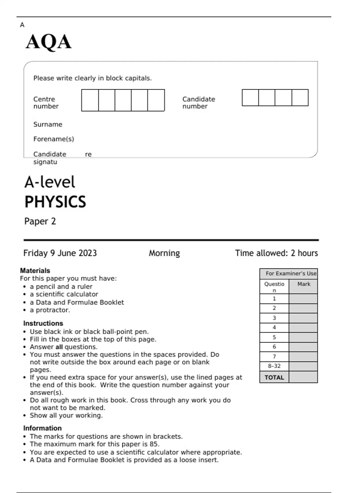 AQA A-level PHYSICS PAPER 2 JUNE 2023 QUESTION PAPER AND MARK SCHEME ...