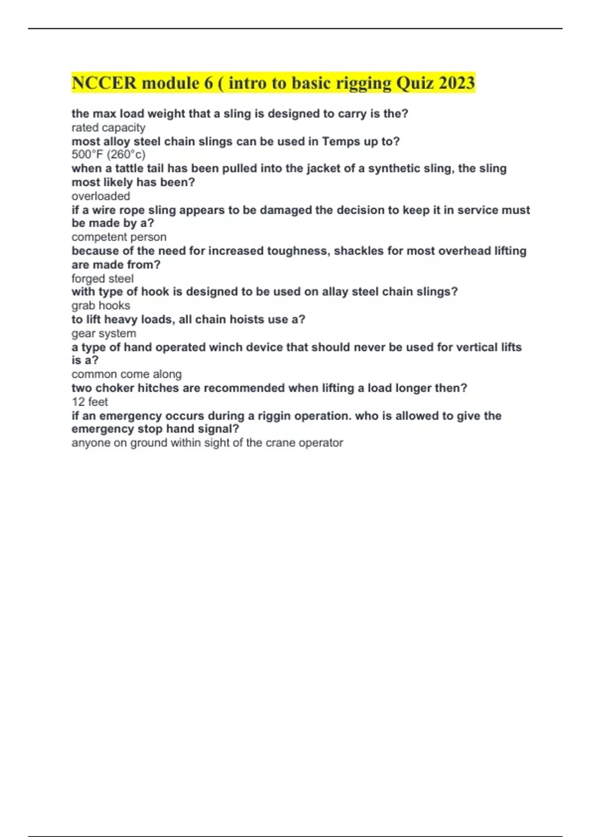 NCCER module 6 ( intro to basic rigging Quiz 2023 NCCER Stuvia US