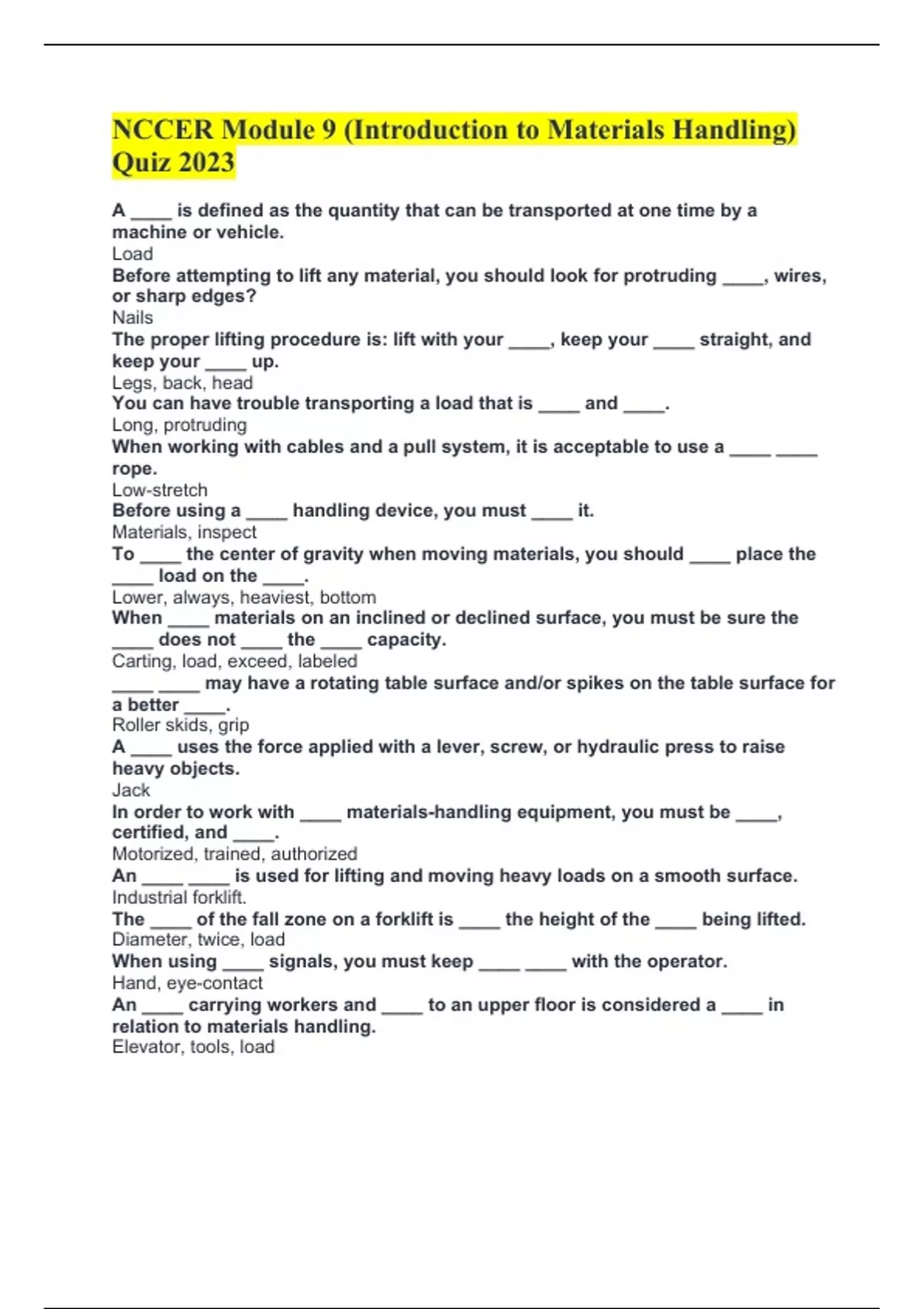 NCCER Module 9 (Introduction to Materials Handling) Quiz 2023 NCCER