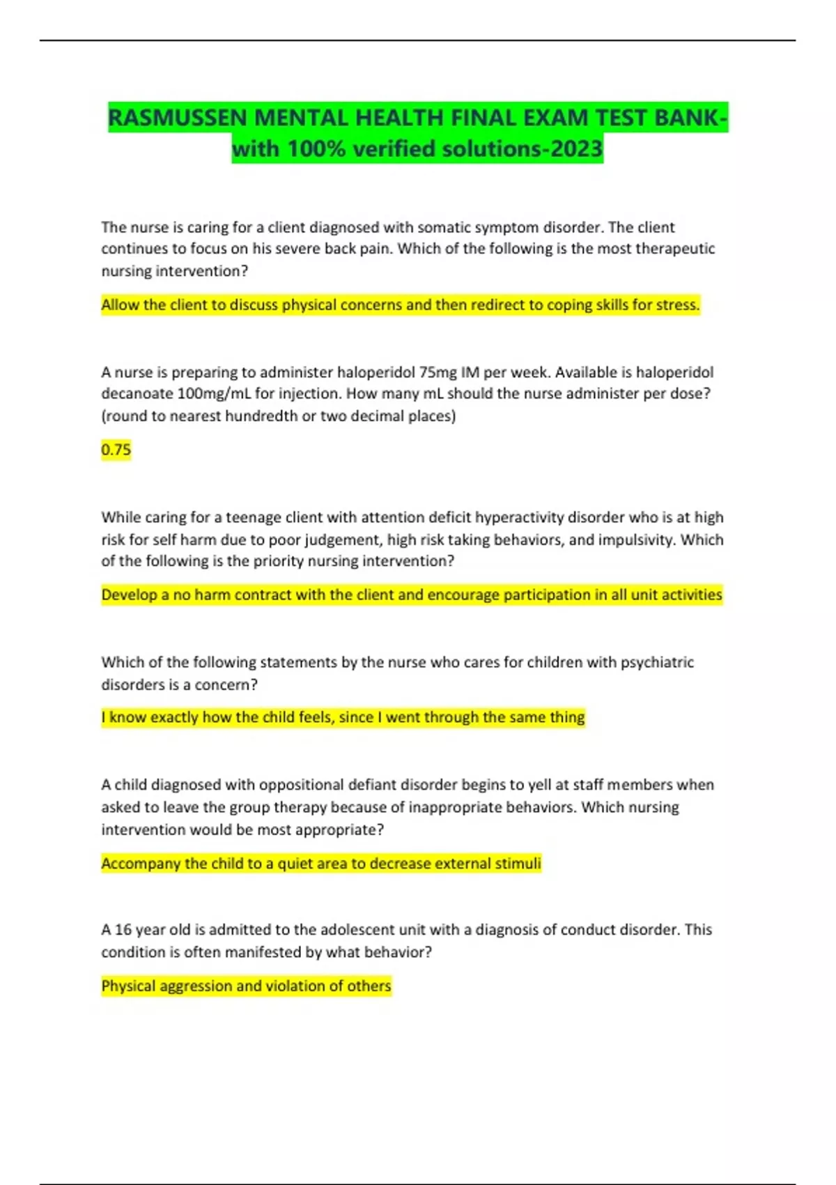 RASMUSSEN MENTAL HEALTH FINAL EXAM TEST BANKwith 100 verified