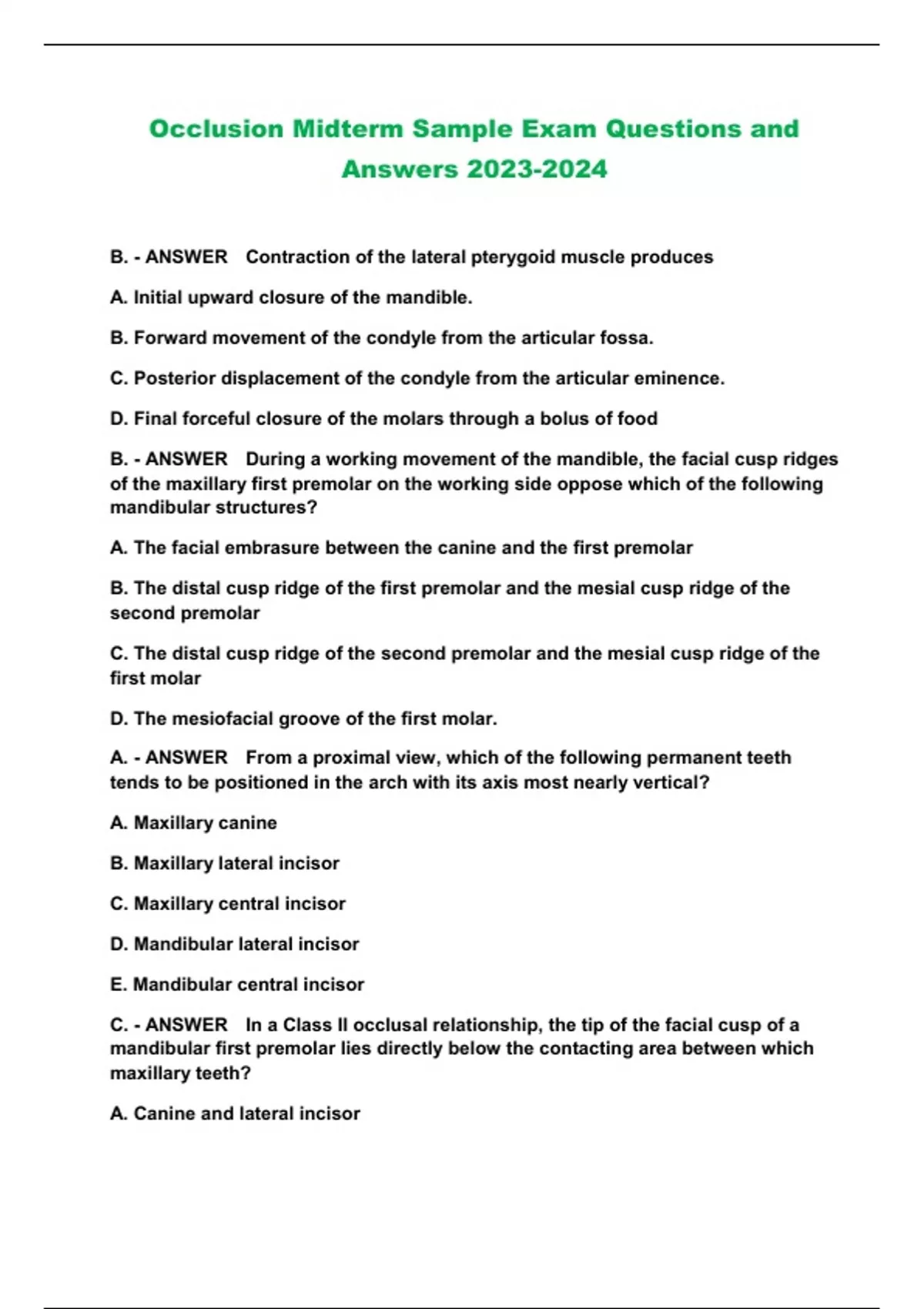 Occlusion Midterm Sample Exam Questions and Answers Occlusion Stuvia US