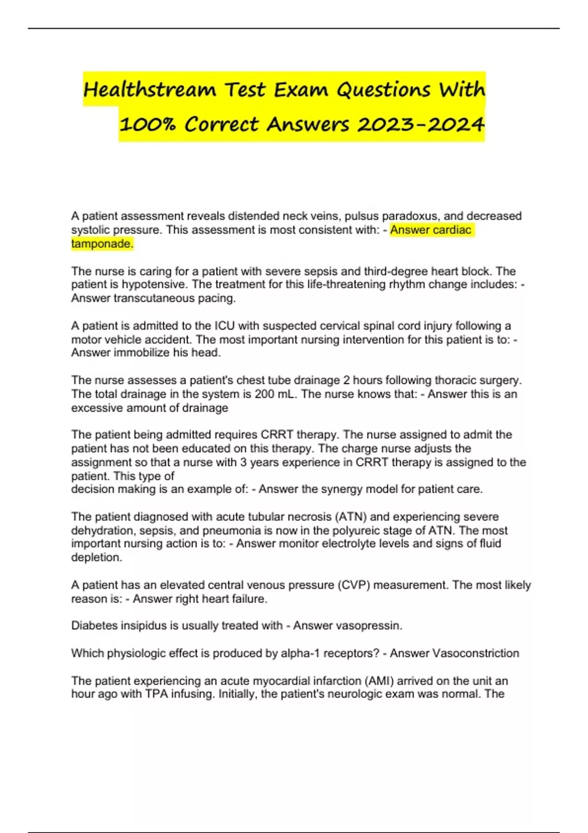 Healthstream Test Exam Questions With 100% Correct Answers ...